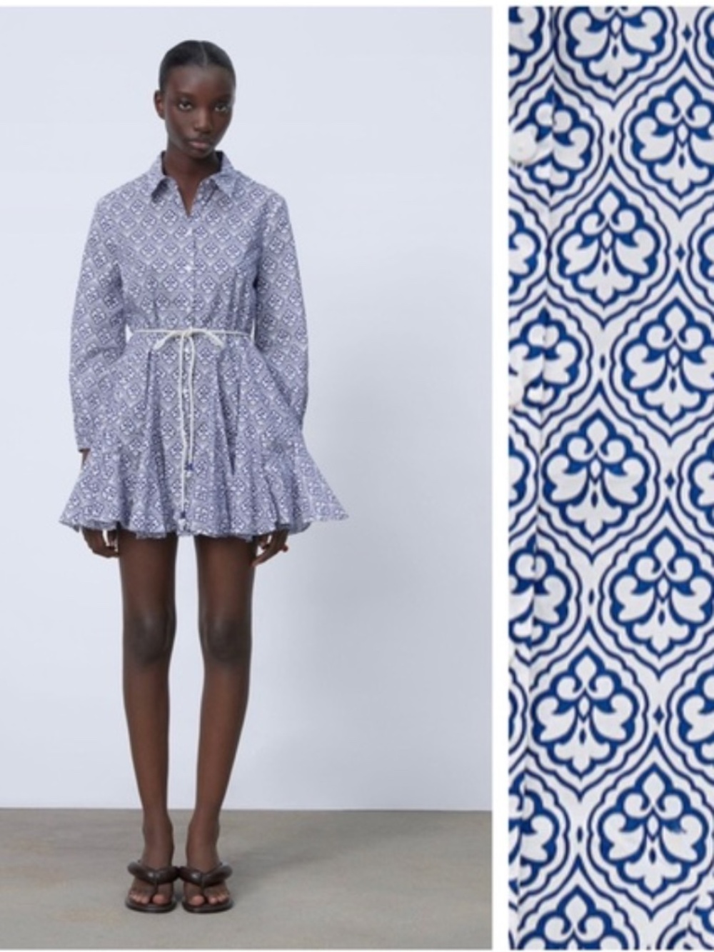 NWT [Zara] Button Down Blue White Tile Shirt Mini Dress Rope Belt | Medium - Picture 3 of 14